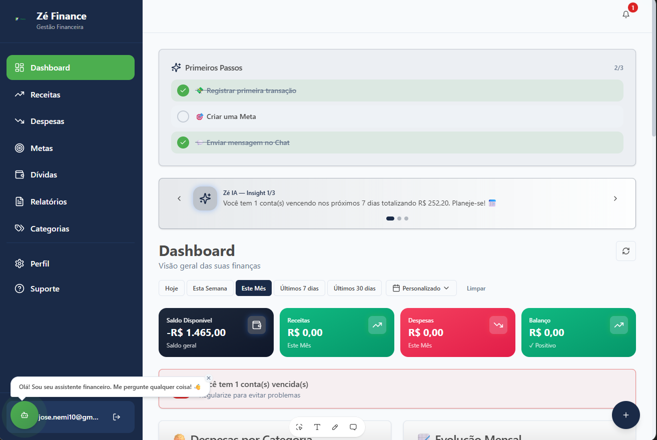 Interface do sistema Zé Finance